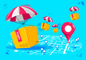 vector illustration of an air delivery service, delivery of goods and boxes by air using balloons, with a city map and geo-location tags