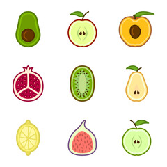 Set of cute cartoon cut fruit icons. The set includes - apples, pears, figs, avocados, lemon and others. Isolated vector on white background.