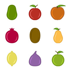Set of cute cartoon uncut fruit icons. The set includes - apples, pears, figs, avocados, lemon and others. Isolated vector on white background.