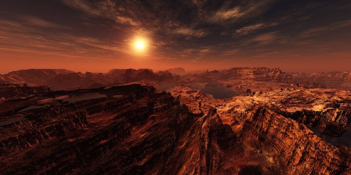 Martian channels, Mars planet surface at sunset, Alien surface of the planet at sunrise, Martian sunset, Mars at sunset, Sunrise on Mars, 3D rendering
