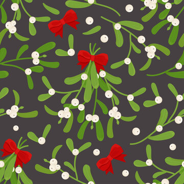 Mistletoe seamless pattern, Christmas background. Vector illustration in flat style