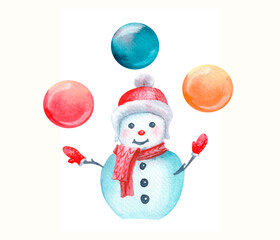 Snowman juggling candy. Watercolor Christmas composition.  Illustration isolated on white.
