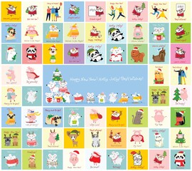 Vector illustration of christmas cats, pigs, rats and dogs with Christmas and new year greetings.