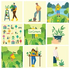 Vector set of village people with organic food, flowers and plants