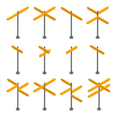Isometric set of wooden signboards. Empty arrows and planks. Different directions isolated on white background. Flat vector illustration for space for text.