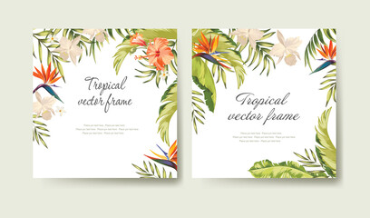 Vector tropical banners set with Palm leaves and exotic flowers. Template for beauty, web, cosmetics  and pack design.
