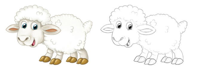 Obraz na płótnie Canvas Cartoon sketch scene sheep is standing looking and smiling - illustration