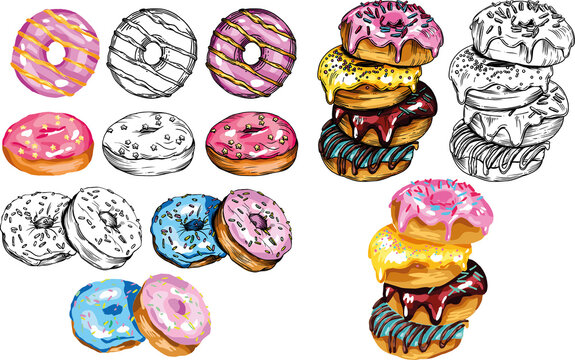 
Raster illustration of donuts. Multicolored, attractive, bright donuts with colored glaze. For menu decoration or different prints.