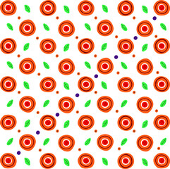 Pattern for dymkovskaya toy number sixteen: orange, maroon, white, yellow, purple circles and black dots. The whole ornament simulates brush strokes, hence the uneven texture.