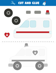 Fototapeta premium Educational paper game for children. Cut and glue. Transportation theme. Emergency ambulance car. Use scissors to cut parts of the car and glue them into a pattern.