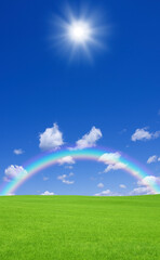 Fototapeta na wymiar 草原と虹と太陽