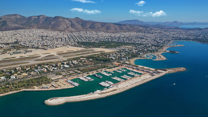 Obraz premium Aerial drone photo of Marina of Agios Kosmas and abandoned former international airport of Athens in Elliniko area, South Athens riviera, Attica, Greece