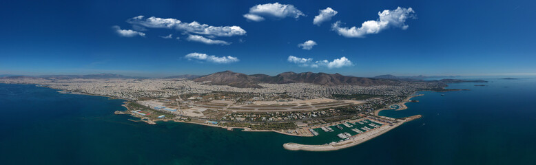Aerial drone photo of Marina of Agios Kosmas and abandoned former international airport of Athens in Elliniko area, South Athens riviera, Attica, Greece