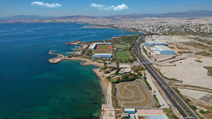 Aerial drone photo of famous seaside area of Athenian riviera of Agios Kosmas well known for former international airport of Athens, Attica, Greece