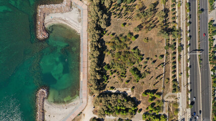 Aerial drone photo of famous seaside area of Athenian riviera of Agios Kosmas well known for former international airport of Athens, Attica, Greece