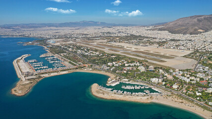 Fototapeta premium Aerial drone photo of Marina of Agios Kosmas and abandoned former international airport of Athens in Elliniko area, South Athens riviera, Attica, Greece