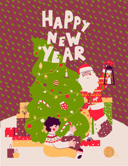 Santa brought gift, surprise under Christmas tree, Flat cartoon vector card.