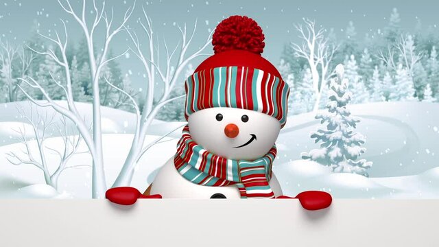 Snowman appearing, peeking out, animated greeting card, winter holiday background, Merry Christmas and a Happy New Year, alpha channel