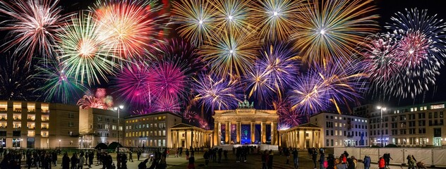 Panorama of New Year's Eve party at the Brandenburg Gate with large fireworks. © snapshotfreddy