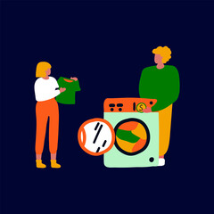 Illustration of a child with his father in a Laundry service. The concept of spending time together cleaning for yourself, drying clothes, taking care of clothes in the Laundry service. Flat vector