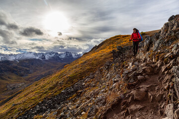 Fototapeta premium Woman Backpacking along Scenic Hiking Trail surrounded by Mountains in Canadian Nature. Season change from Fall to Winter. Taken in Tombstone Territorial Park, Yukon, Canada.