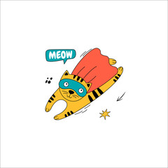 A cute cat in a superhero costume flies in the air.