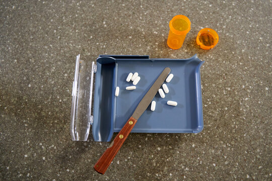 Hospital pharmacy pills with copy space