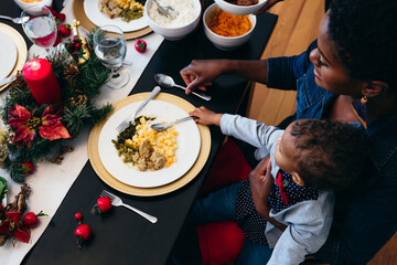 Mother and child eating winter holiday meal at home