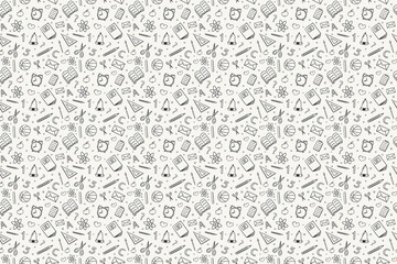 School background. Seamless texture with funny hand drawn icons. Vector