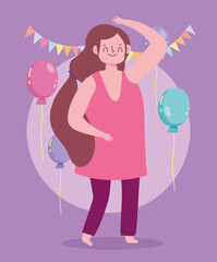 smiling cartoon woman party celebrating balloons decoration