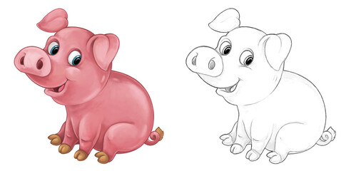 Cartoon sketch scene pig is standing looking and smiling - illustration