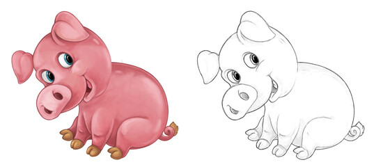 Cartoon sketch scene pig is standing looking and smiling - illustration