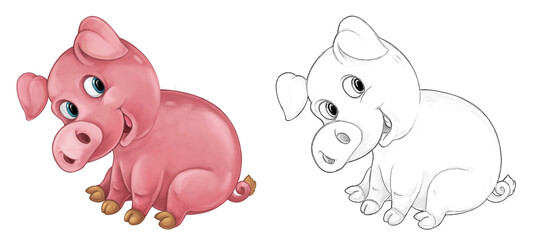 Cartoon sketch scene pig is standing looking and smiling - illustration