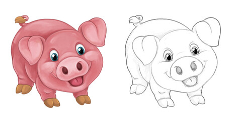 Cartoon sketch scene pig is standing looking and smiling - illustration