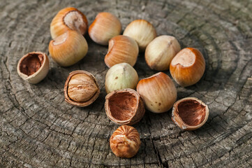 Ripe raw hazelnuts closeup on wooden cut surface background