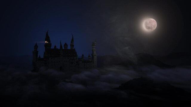 Spooky haunted castle with mist and fog. Establishing shot. Animated in 4K