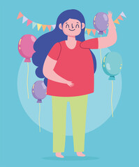 happy cartoon girl celebration party balloons pennants