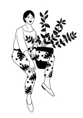 Beautiful female figure with flower. Vector illustration in simple minimal linear style.