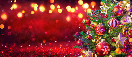 Abstract Christmas Tree With Defocused Lights On Red Glitter Background