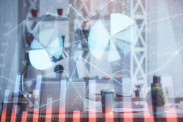 Double exposure of stock market graph drawing and office interior background. Concept of financial...