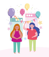 online party, young women happy celebration birthday balloons and pennants decoration