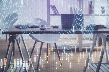 Multi exposure of stock market chart drawing and office interior background. Concept of financial analysis.