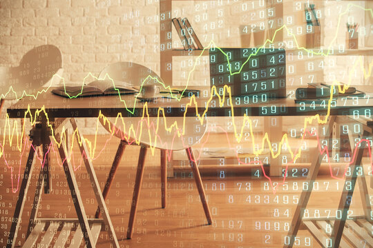 Multi exposure of stock market chart drawing and office interior background. Concept of financial analysis.