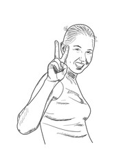 Happy girl shows peace gesture.