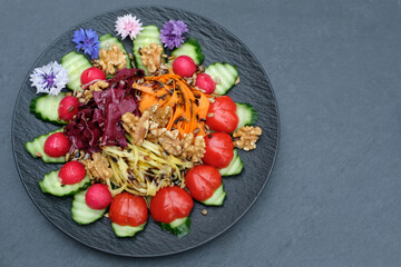 Colorful healthy mango, carrots, radish, tomatoes and radicchio salad