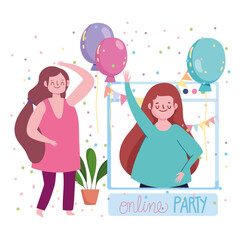 online party, girl celebrating with her friend by internet
