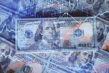 Multi exposure of forex chart drawing over us dollars bill background. Concept of financial success markets.
