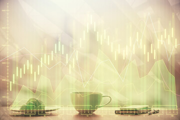 Double exposure of forex chart over coffee cup background in office. Concept of financial analysis...