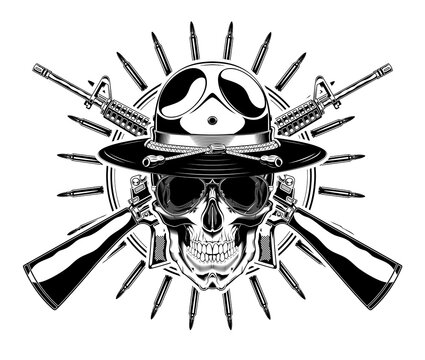 Monochrome skull with police headdress, sunglasses and crossed rifles illustration. Isolated vector template