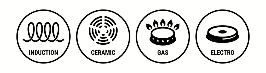 Induction icon, ceramic, gas and electric cooking hob vector symbols. Coking stove or oven grate cooker and pans surface cookware icons of induction, electro, gas and ceramic logo signs - obrazy, fototapety, plakaty